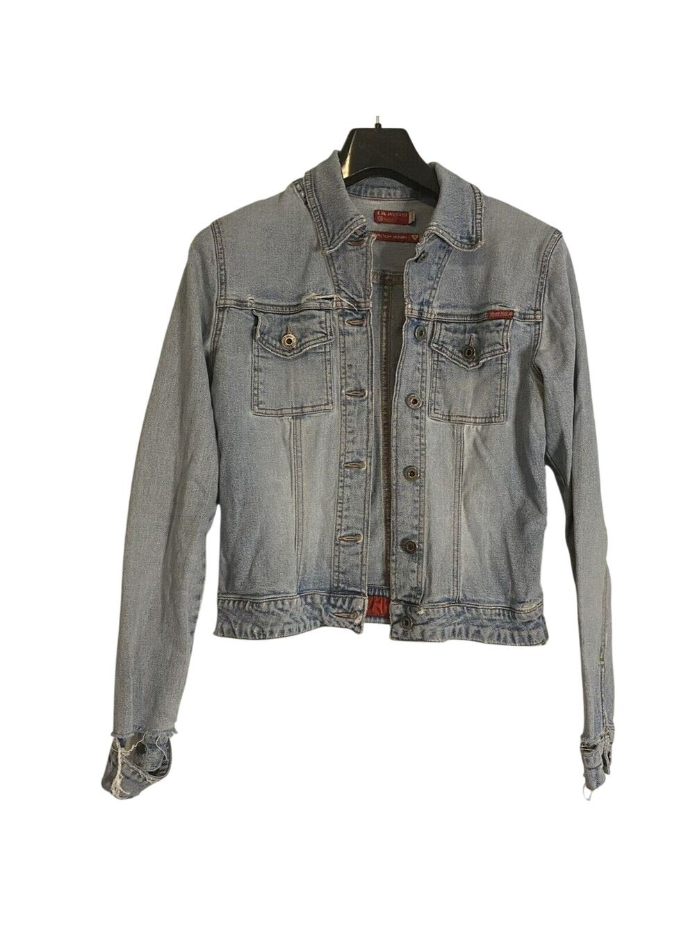 Vintage Guess Denim Jean Jacket Size SMALL Made in USA Distressed Med Wash Women